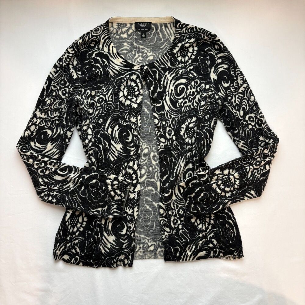vintage 90s Talbots Petite Floral Cardigan Sweater 100% Italian Merino Wool S